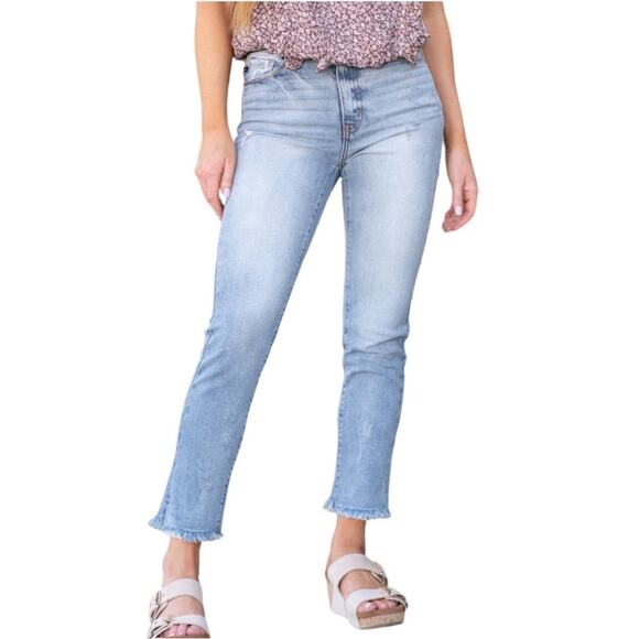 Kancan Muffy High Rise Straight Leg Jeans sz 0 23 Light Wash Blue Side Slit Hem - Picture 1 of 13